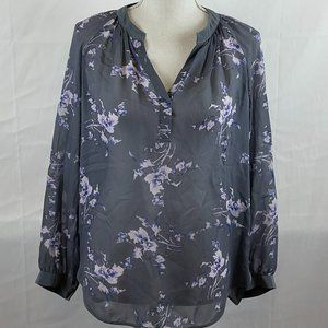 Rebecca Taylor silk Blouse Gray Purple Blue Floral Semi-Sheer V-Neck Long Sleeve